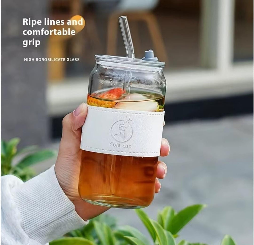 Aesthetic Glass Cola Can Tumbler with Dual-Use Lid, Straw & Leather Sleeve