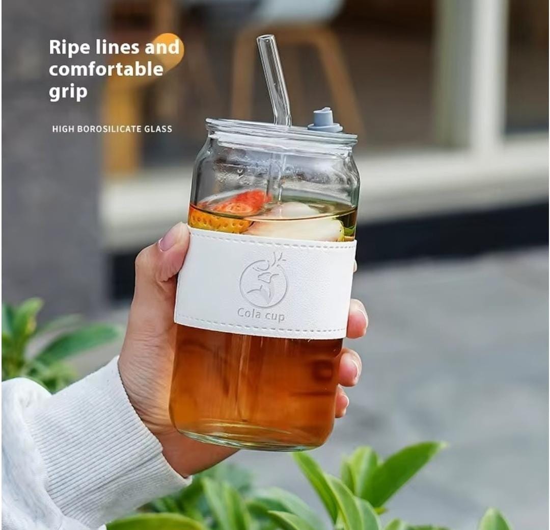 Aesthetic Glass Cola Can Tumbler with Dual-Use Lid, Straw & Leather Sleeve
