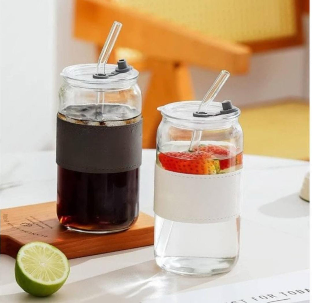 Aesthetic Glass Cola Can Tumbler with Dual-Use Lid, Straw & Leather Sleeve