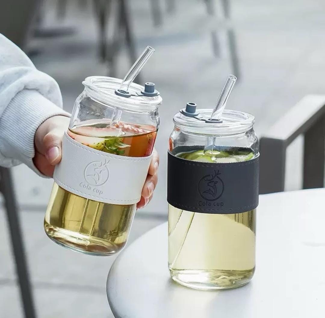 Aesthetic Glass Cola Can Tumbler with Dual-Use Lid, Straw & Leather Sleeve