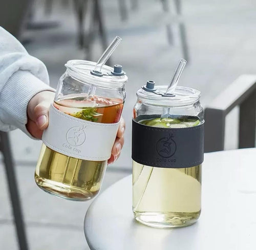 Aesthetic Glass Cola Can Tumbler with Dual-Use Lid, Straw & Leather Sleeve