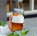 Aesthetic Glass Cola Can Tumbler with Dual-Use Lid, Straw & Leather Sleeve