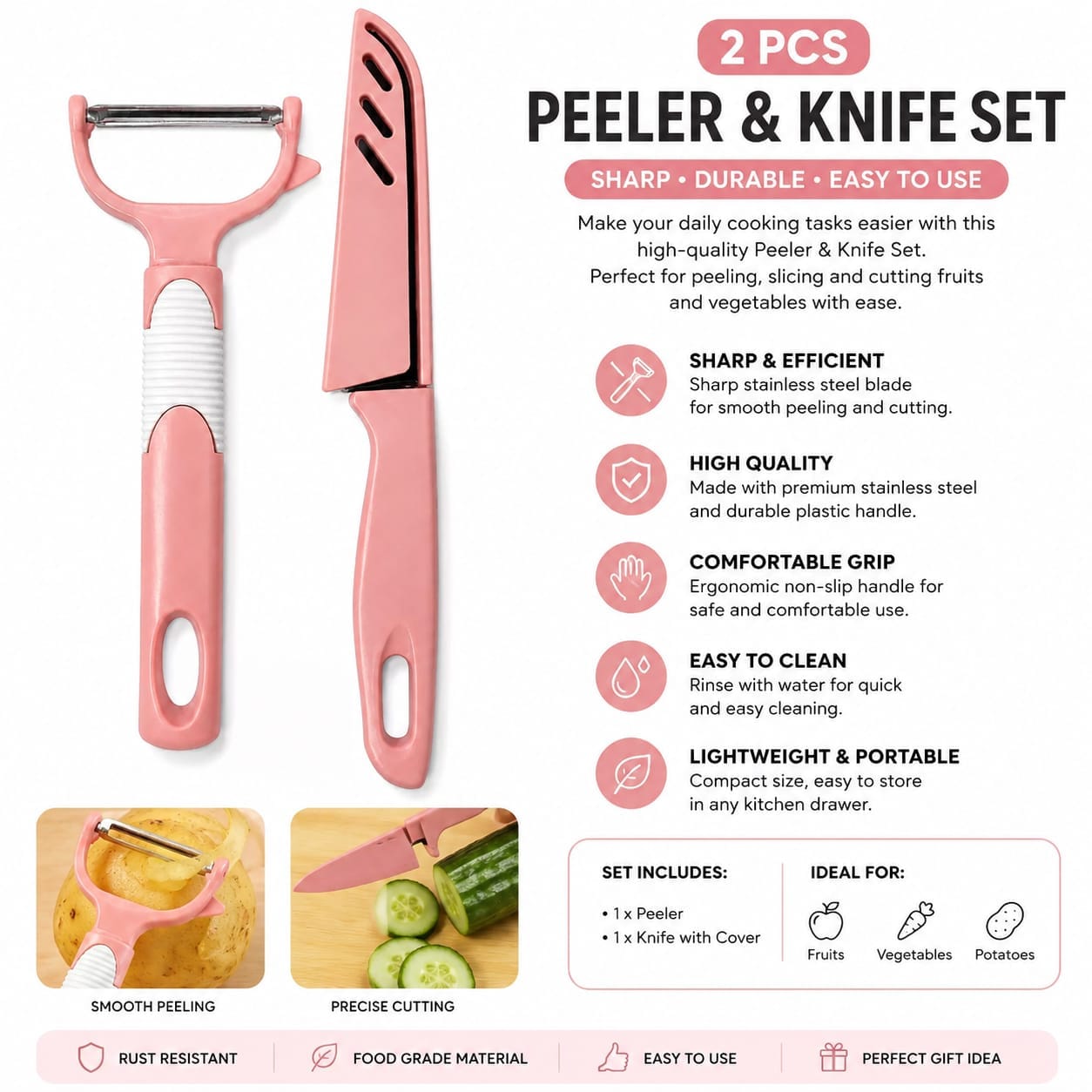 2-Piece Ergonomic Stainless Steel Peeler & Knife Set with Blade Cover